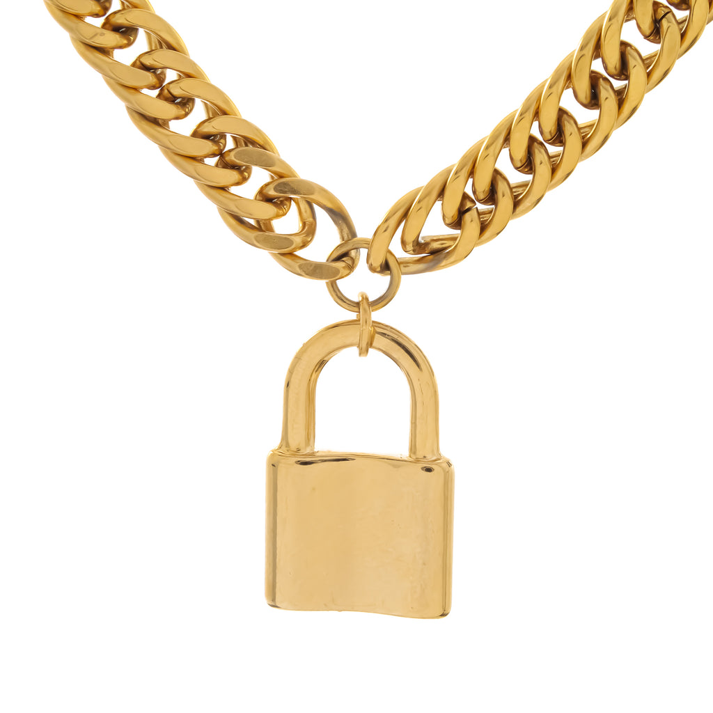 Gold Padlock Necklace, Chunky Chain Lock Necklace, Curb Chain With